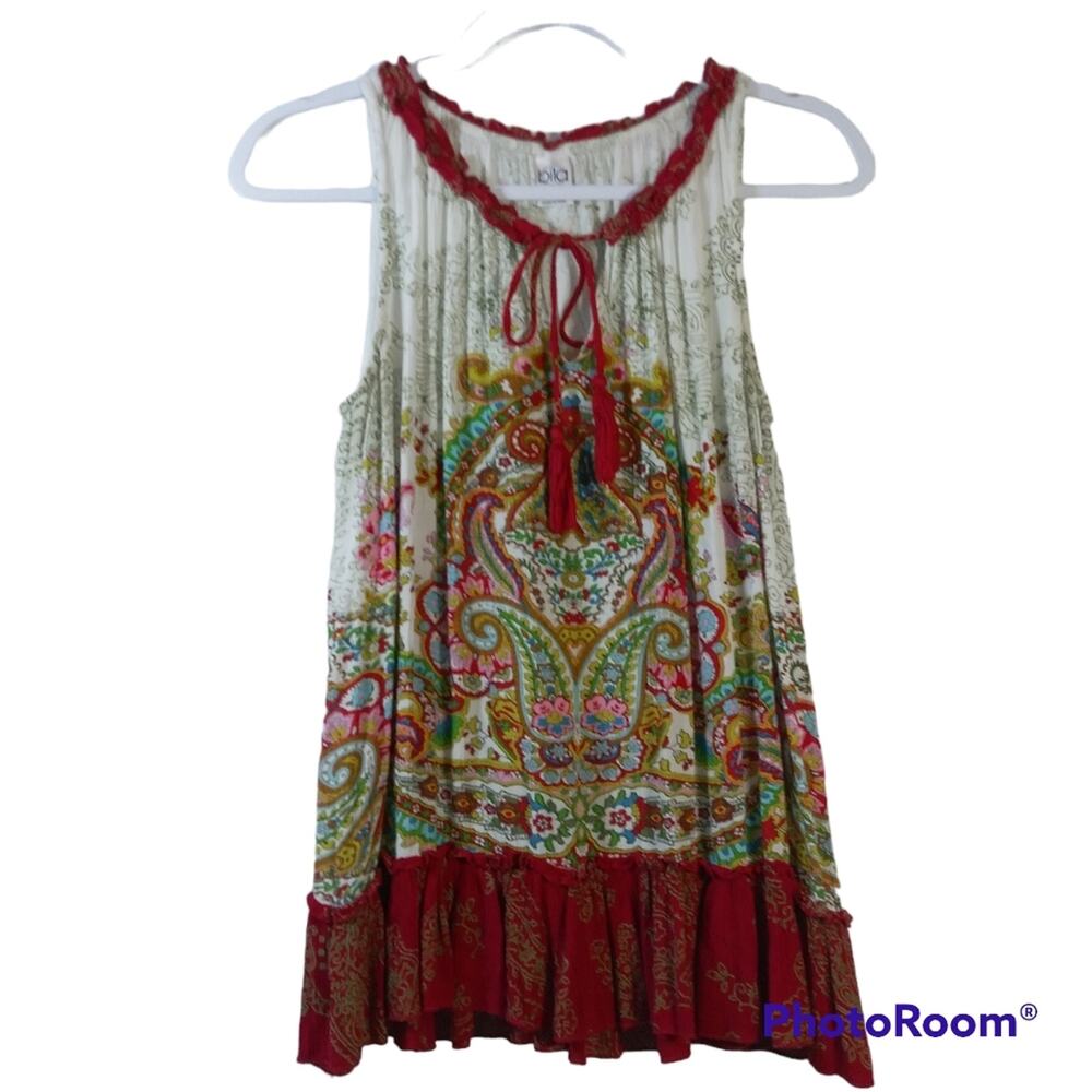 Bila Red Cream Boho Paisley Print Tank Flowy Top Size Small